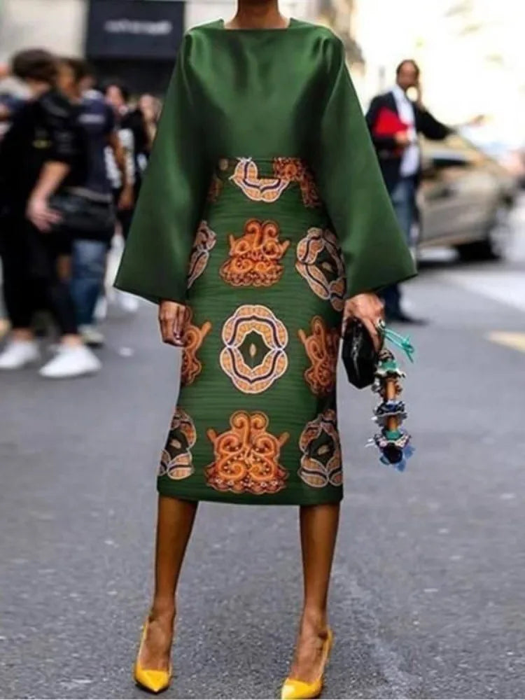 Krismile Women Spring Printed Midi Dresses 2024 Fashion Long Sleeves Round-Neck Midi Dresses Vintage Green Dresses - KIMLUD