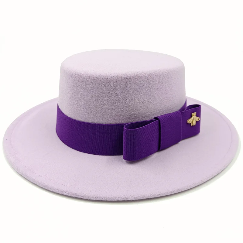 Wholesale Fedora hats Winter round concave convex surface flat top bow elastic ribbon men's and women's felt jazz hats Fedora - KIMLUD