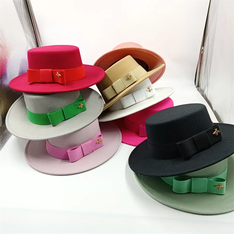 Wholesale Fedora hats Winter round concave convex surface flat top bow elastic ribbon men's and women's felt jazz hats Fedora - KIMLUD