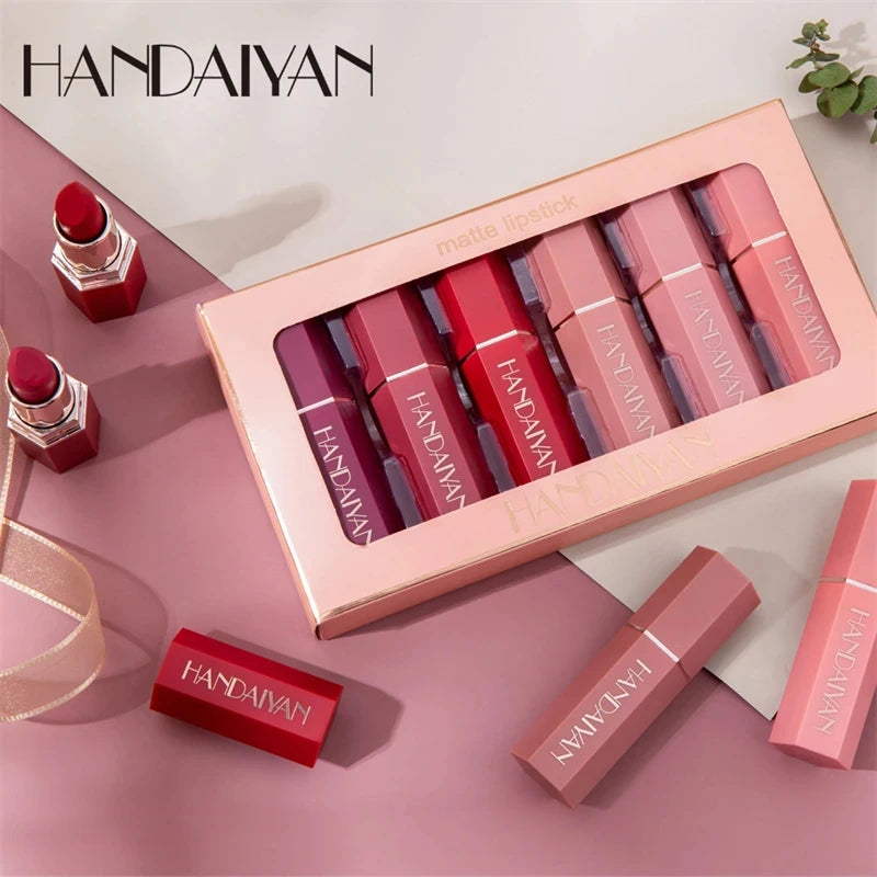 HANDAIYAN 6Pcs/Box Velvet Matte Lipstick Kit Lips Makeup Nude Lip Stick Make Up Cosmetics Foggy Matt Tint Lip Balm Cream Pigment
