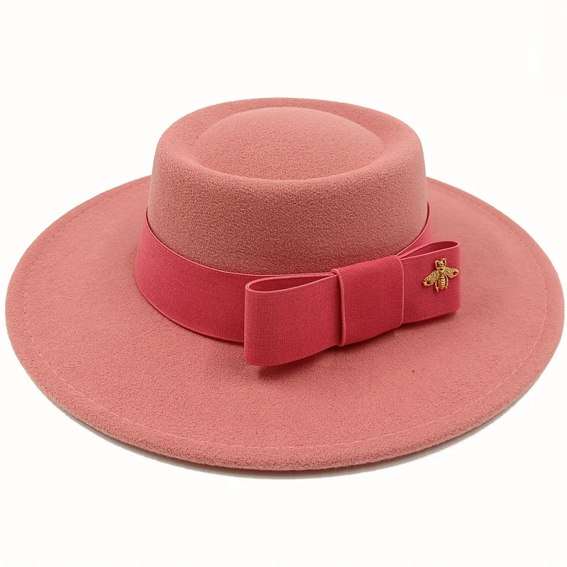 Wholesale Fedora hats Winter round concave convex surface flat top bow elastic ribbon men's and women's felt jazz hats Fedora - KIMLUD