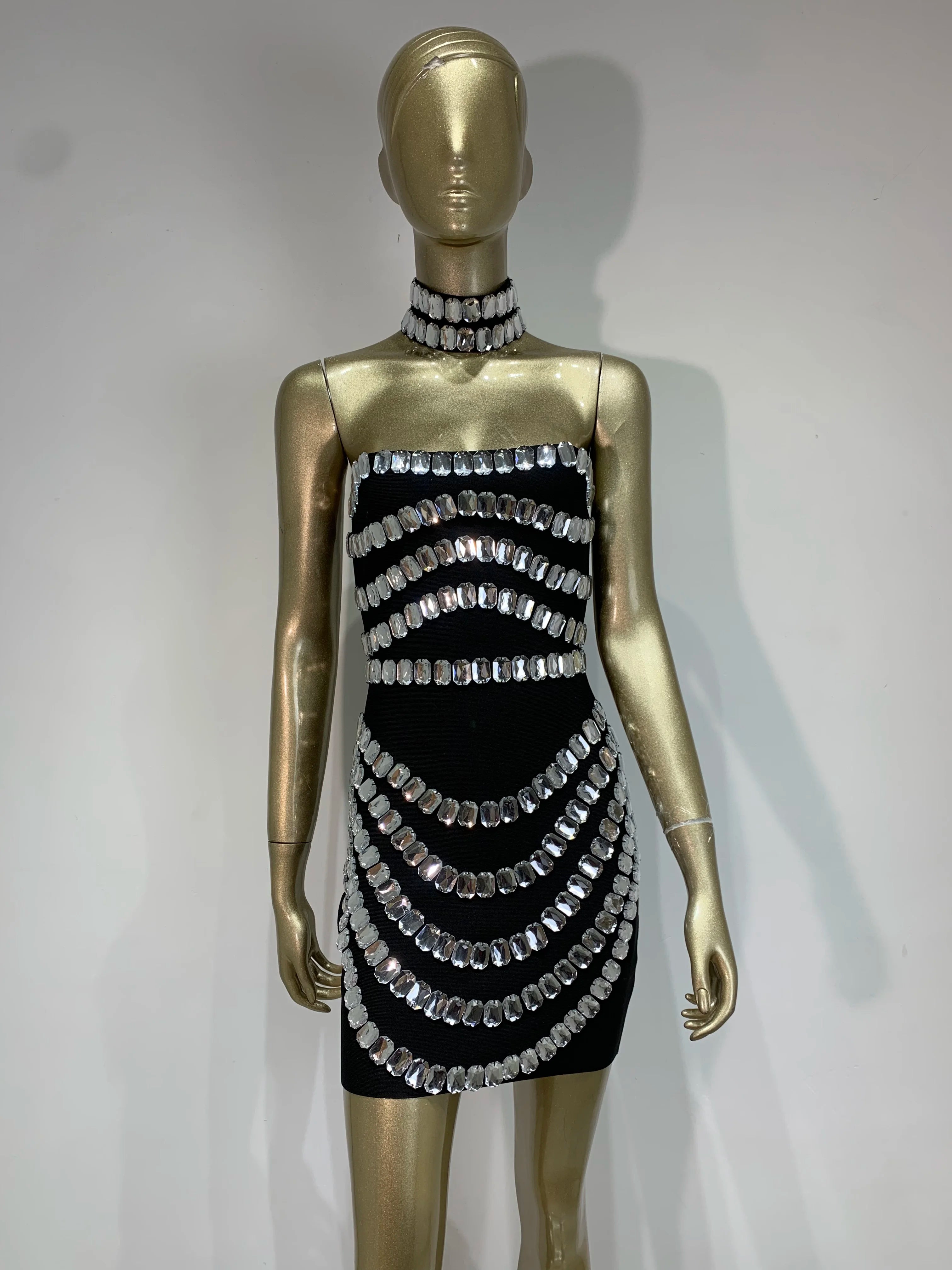 Brand New Ins 2025 Women Black Strapless Crystal Bandage Bodycon Dress Designer Collar Elegant Mini Evening Party Dress Vestido
