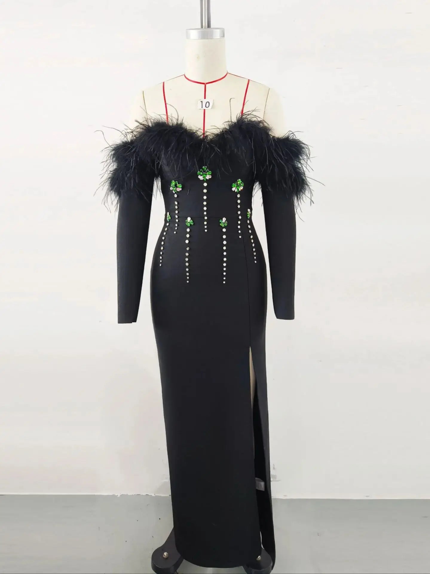 New Women Sexy Long Sleeve Feather Crystal Diamonds Black Knitted Long Bandage Dress Cut Out Elegant Evening Club Party Dress