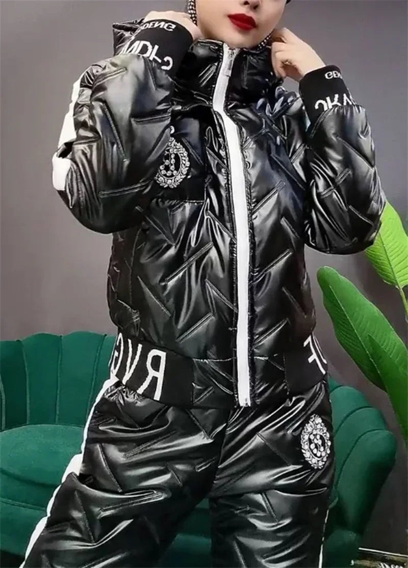 Trend Down Cotton Two Piece Sets Winter Warm Casual Thick Crop Hooded Coat Women Windproof Snow Wear Puffy Jogger Pant Tracksuit - KIMLUD