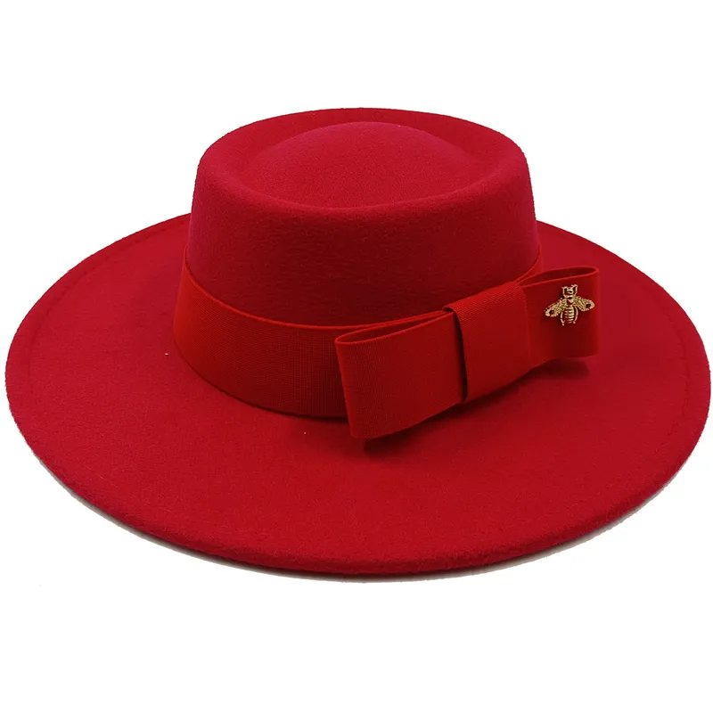 Wholesale Fedora hats Winter round concave convex surface flat top bow elastic ribbon men's and women's felt jazz hats Fedora - KIMLUD