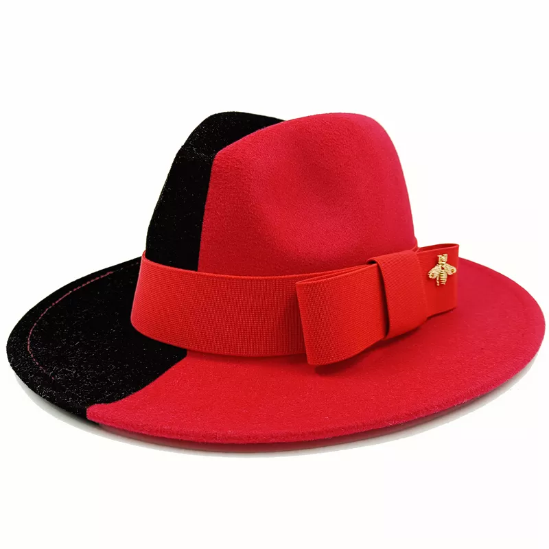 Wholesale Fedora hats Winter round concave convex surface flat top bow elastic ribbon men's and women's felt jazz hats Fedora - KIMLUD