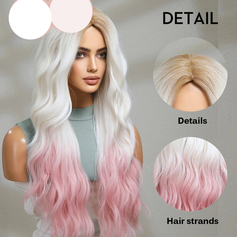 oneNonly Pink White Long Wig Blonde Rainbow Wavy Wigs Halloween Cosplay Party Wigs for Women Makeup Tools Synthetic Hair - KIMLUD