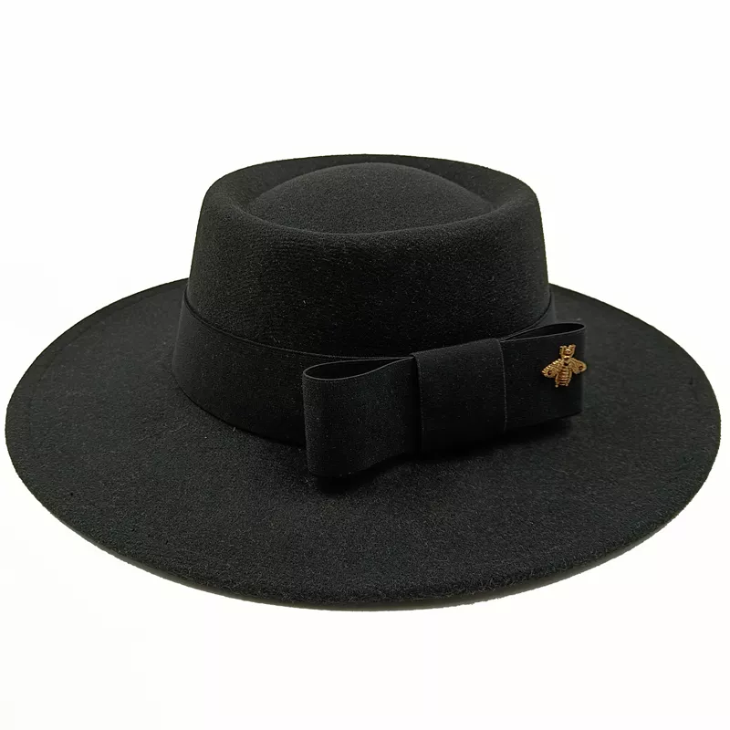 Wholesale Fedora hats Winter round concave convex surface flat top bow elastic ribbon men's and women's felt jazz hats Fedora - KIMLUD