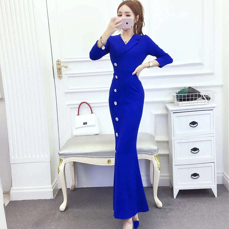2025 Blue Bodycon Single Breasted Chic Office Lady Dress Women Korean Elegant Office Lady Dress Autumn Winter Fashion Prom Dress