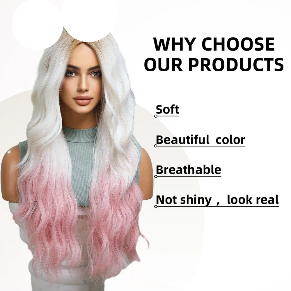 oneNonly Pink White Long Wig Blonde Rainbow Wavy Wigs Halloween Cosplay Party Wigs for Women Makeup Tools Synthetic Hair - KIMLUD