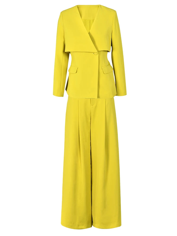 DEAT Fashhion Women's Yellow 2 Pcs Set V-neck Spliced Lpng Sleeve Blazer High Waist Wide Leg Pant Suit Summer 2024 New 15G7152 - KIMLUD