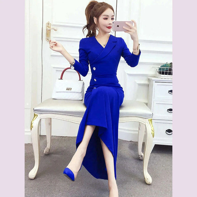 2025 Blue Bodycon Single Breasted Chic Office Lady Dress Women Korean Elegant Office Lady Dress Autumn Winter Fashion Prom Dress