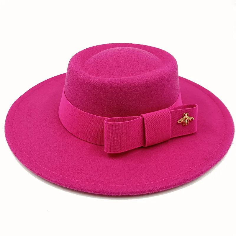 Wholesale Fedora hats Winter round concave convex surface flat top bow elastic ribbon men's and women's felt jazz hats Fedora - KIMLUD