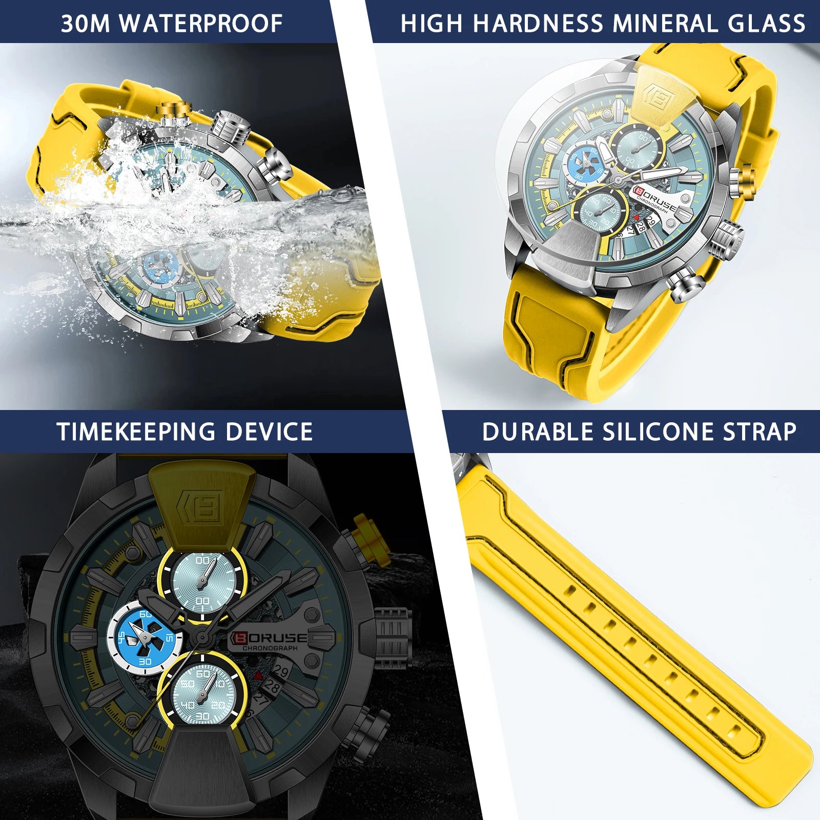 BORUSE Yellow Watches for Men Business Chronograph Silicone Waterproof Quartz Wristwatch Reloj Hombre