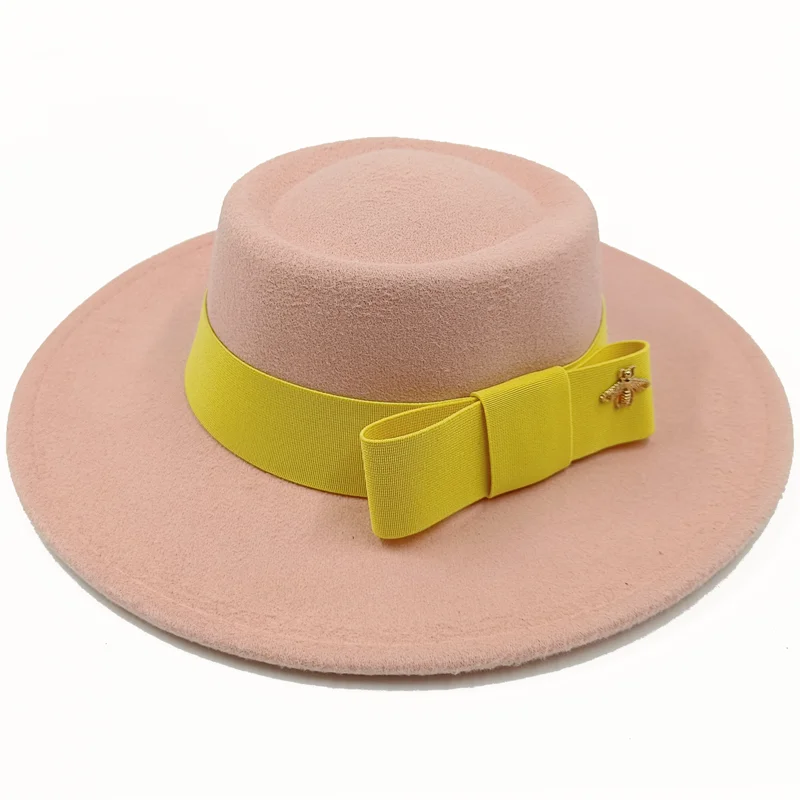 Wholesale Fedora hats Winter round concave convex surface flat top bow elastic ribbon men's and women's felt jazz hats Fedora - KIMLUD