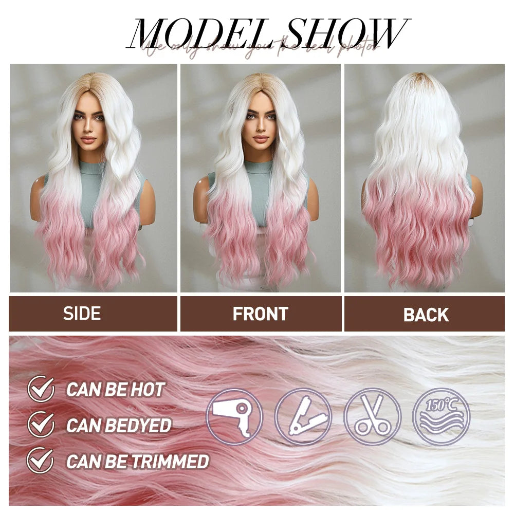 oneNonly Pink White Long Wig Blonde Rainbow Wavy Wigs Halloween Cosplay Party Wigs for Women Makeup Tools Synthetic Hair - KIMLUD