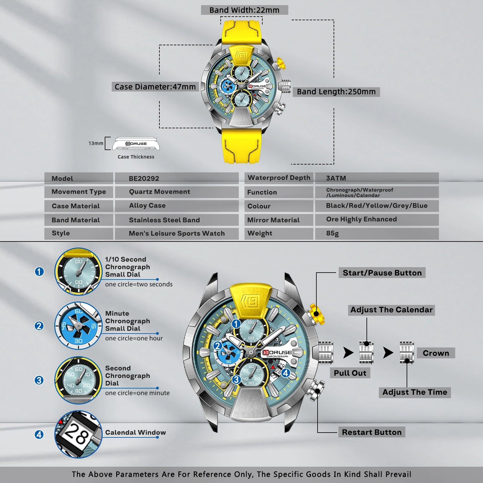 BORUSE Yellow Watches for Men Business Chronograph Silicone Waterproof Quartz Wristwatch Reloj Hombre