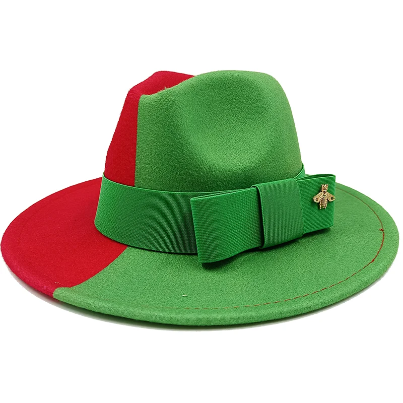 Wholesale Fedora hats Winter round concave convex surface flat top bow elastic ribbon men's and women's felt jazz hats Fedora - KIMLUD
