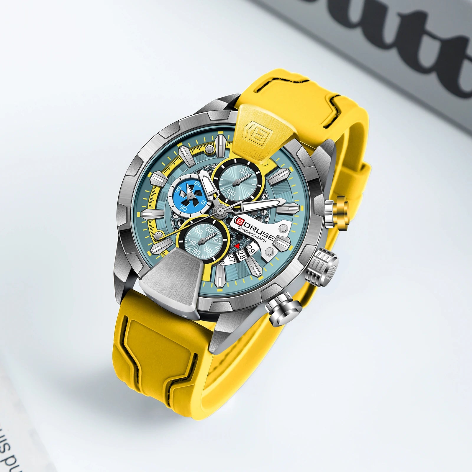 BORUSE Yellow Watches for Men Business Chronograph Silicone Waterproof Quartz Wristwatch Reloj Hombre