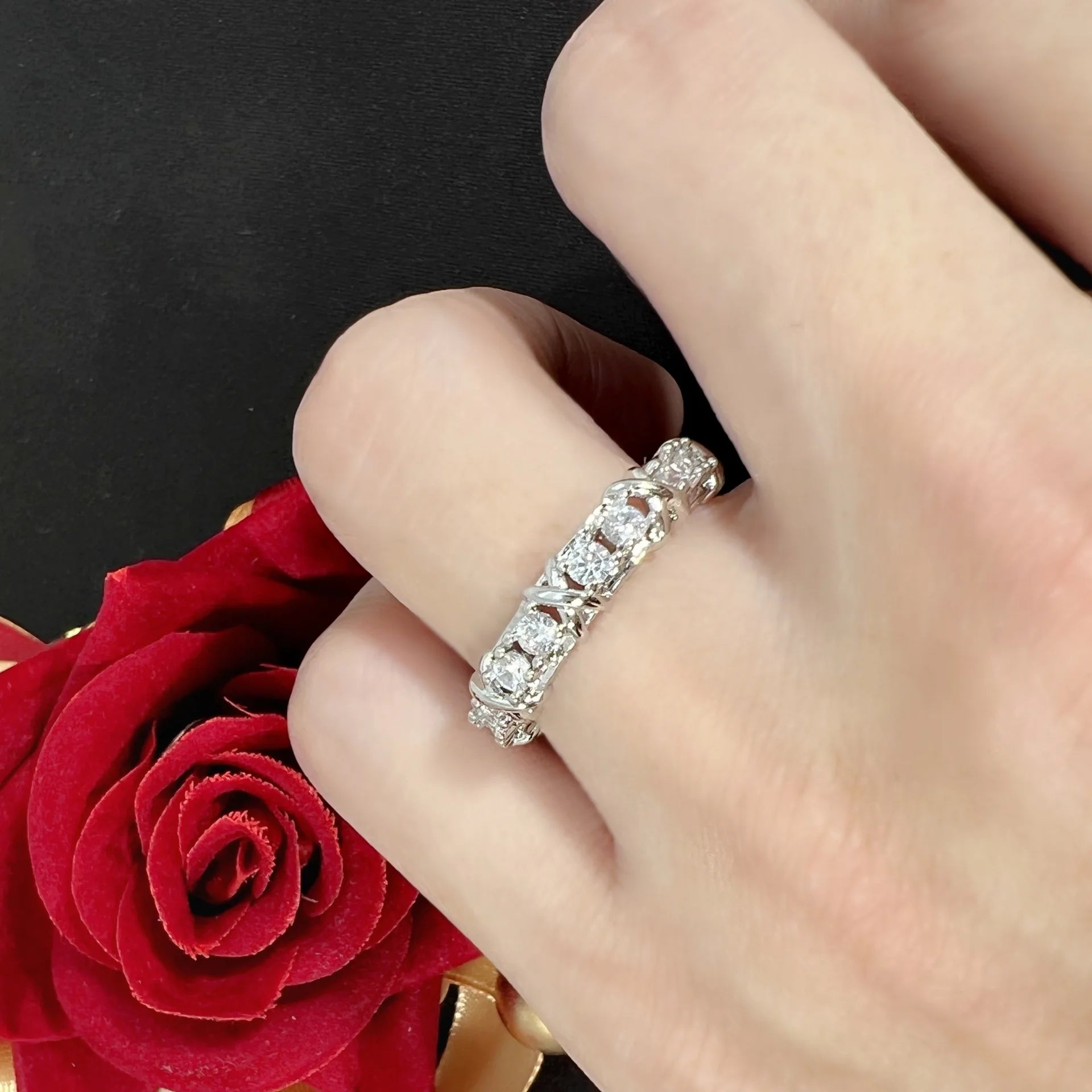 KIMLUD, Luxury 925 Sterling Silver Ring Interlaced With Aaa Zircon Crystal Ring For A Woman'S Engagement Jewelry Gift 2 Color Choices, KIMLUD Womens Clothes