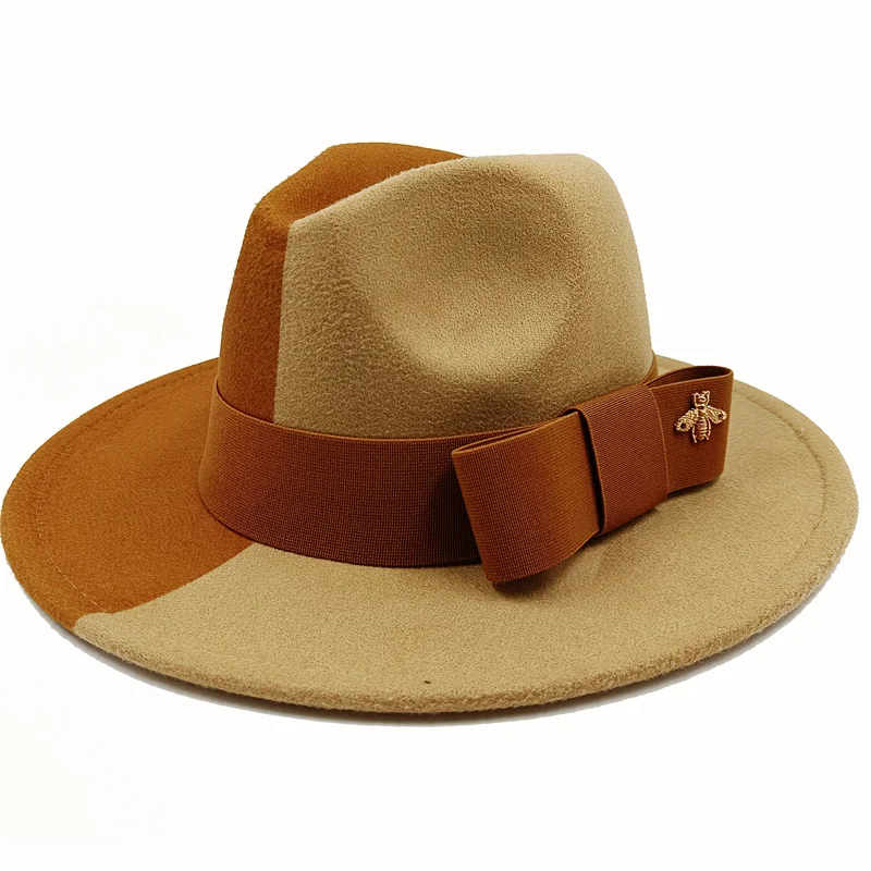 Wholesale Fedora hats Winter round concave convex surface flat top bow elastic ribbon men's and women's felt jazz hats Fedora - KIMLUD