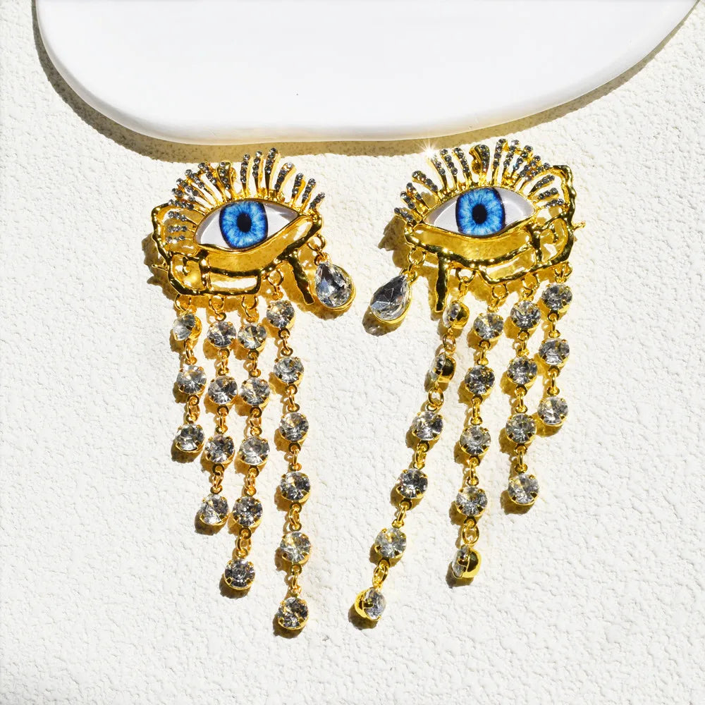 Vintage Ethnic Golden Eyes Chain Dangle Earrings For Women Fashion Jewelry Baroque Style Lady Statement Earrings Accessories