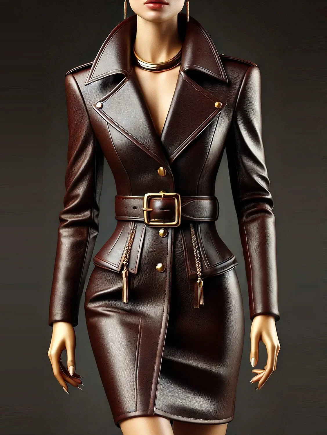 Women PU Leather Dress Lapel Collor Button Long Sleeve with Belt Chic Vintage Pockets Slim Elegant Office Lady Mini Dresses