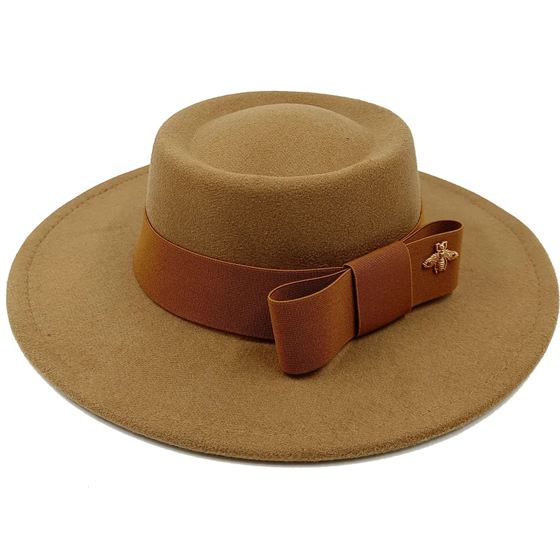 Wholesale Fedora hats Winter round concave convex surface flat top bow elastic ribbon men's and women's felt jazz hats Fedora - KIMLUD