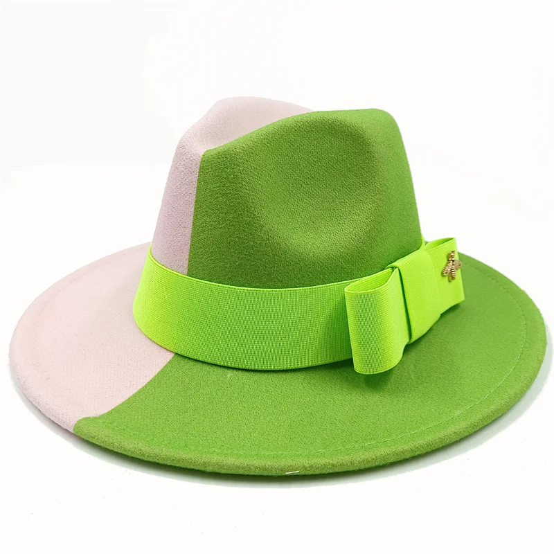 Wholesale Fedora hats Winter round concave convex surface flat top bow elastic ribbon men's and women's felt jazz hats Fedora - KIMLUD