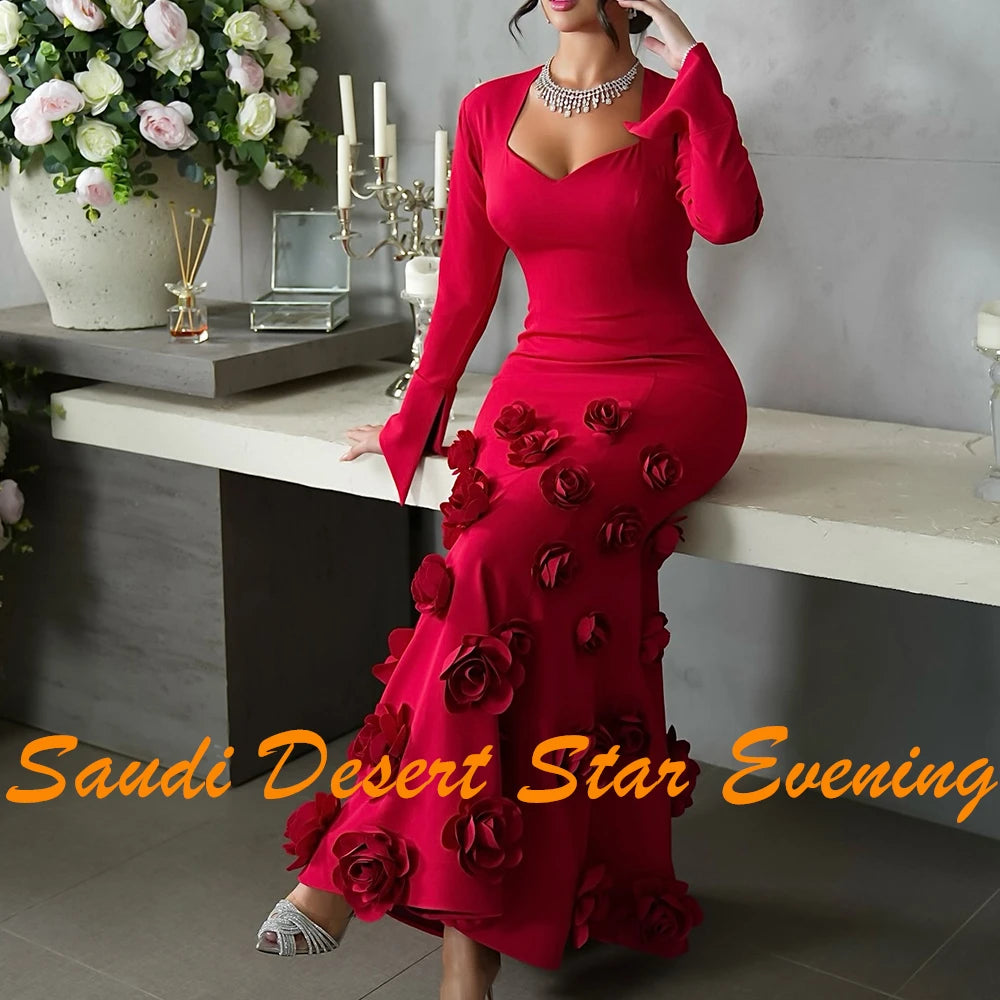 Exquisite Flowers Pleats Sweetheart Evening Dresses Graceful A-Line Satin Burgundy Long Sleeves Party Gowns Saudi Arabia 2024 - KIMLUD
