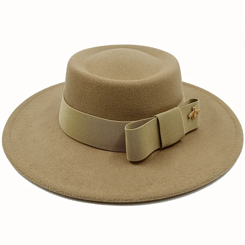 Wholesale Fedora hats Winter round concave convex surface flat top bow elastic ribbon men's and women's felt jazz hats Fedora - KIMLUD