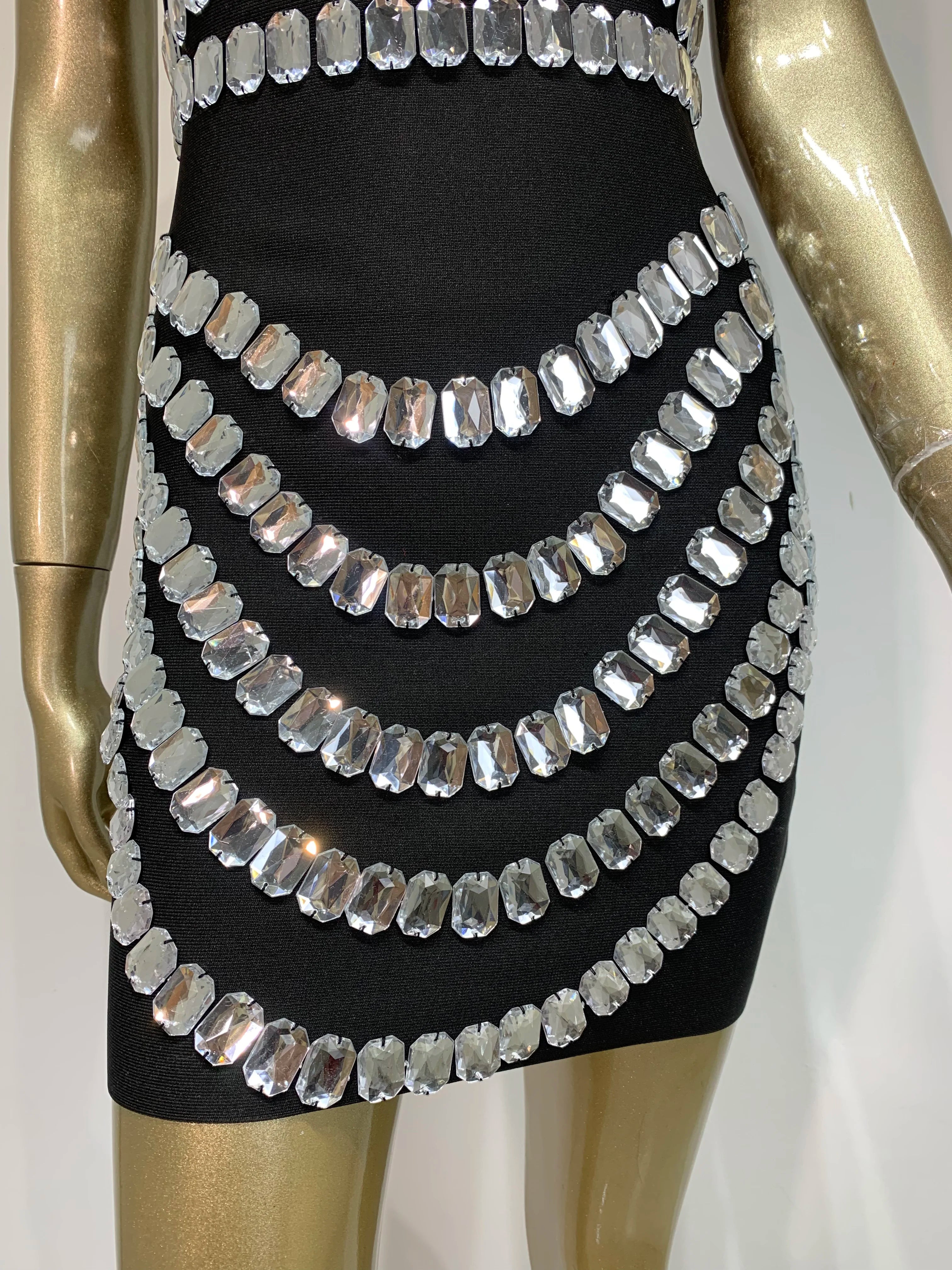 Brand New Ins 2025 Women Black Strapless Crystal Bandage Bodycon Dress Designer Collar Elegant Mini Evening Party Dress Vestido
