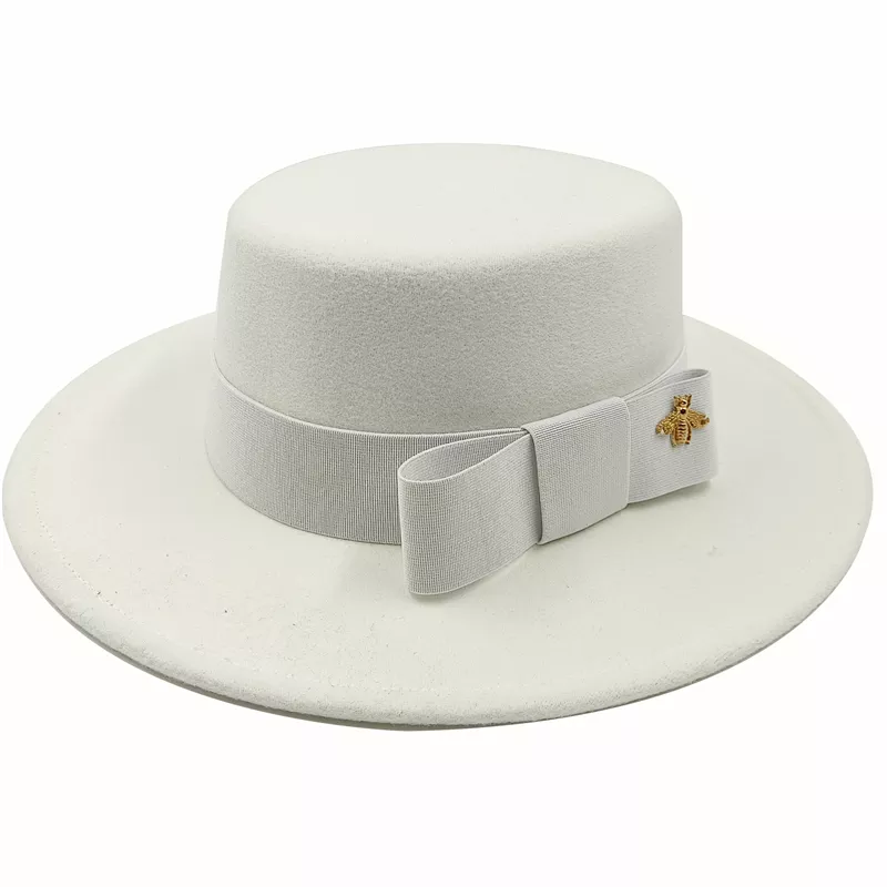 Wholesale Fedora hats Winter round concave convex surface flat top bow elastic ribbon men's and women's felt jazz hats Fedora - KIMLUD