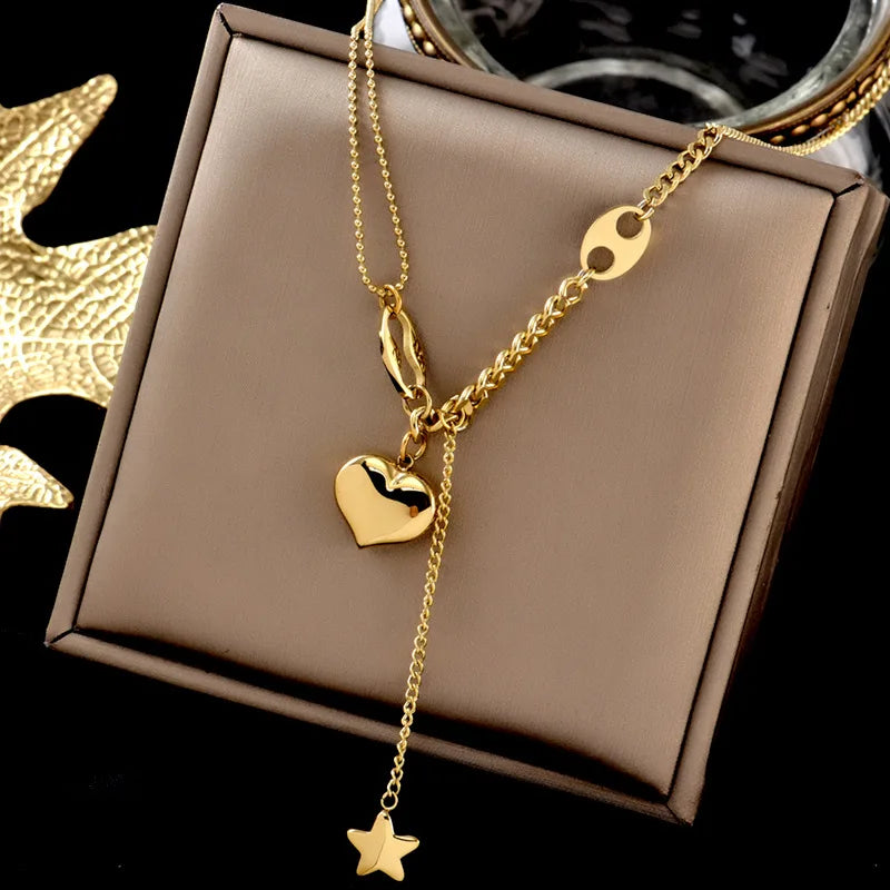 New 316L Titanium Stainless Steel Gold Color Choker Necklace Fashion Luxury Letter Love Heart Pendant Women's Party