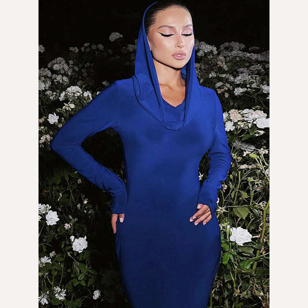 Ahagaga Fashion Sexy Solid Hooded Maxi Dresses Women Elegant Casual Long Sleeve Slim Bodycon Party Vestidos Robes Streetwear - KIMLUD