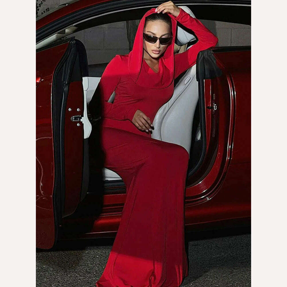 Ahagaga Fashion Sexy Solid Hooded Maxi Dresses Women Elegant Casual Long Sleeve Slim Bodycon Party Vestidos Robes Streetwear - KIMLUD
