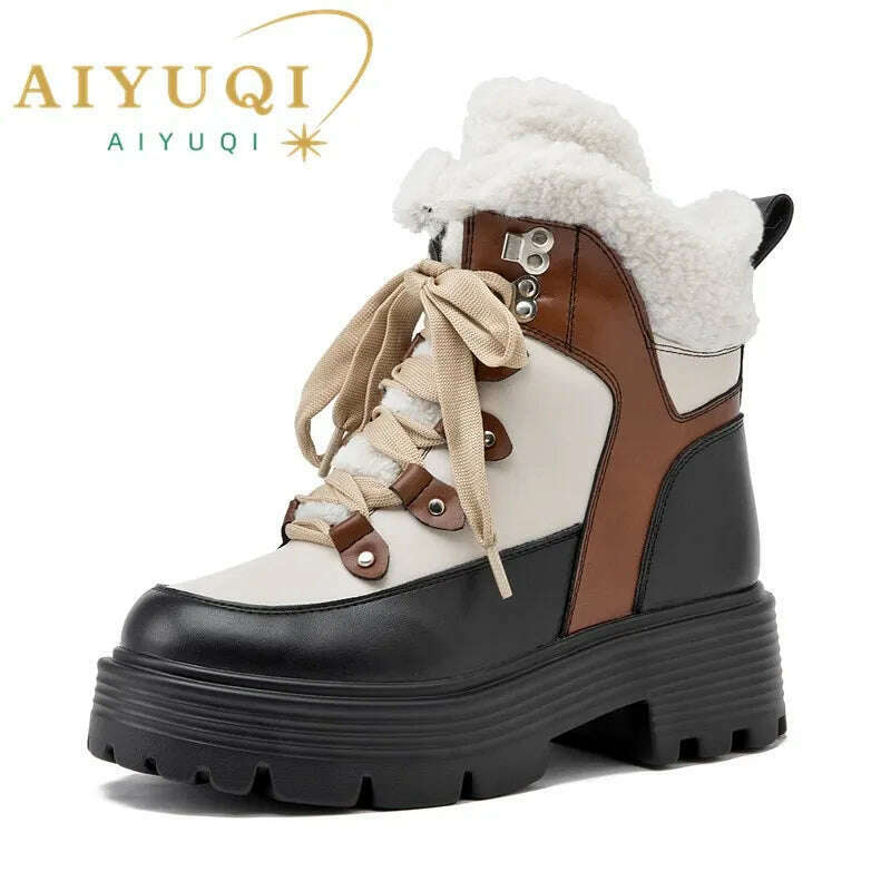 AIYUQI Women Snow Boots Genuine Leather 2023 New Platform Winter Women Ankle Boots Large Size Warm Lace-up Women Marton Booties - KIMLUD