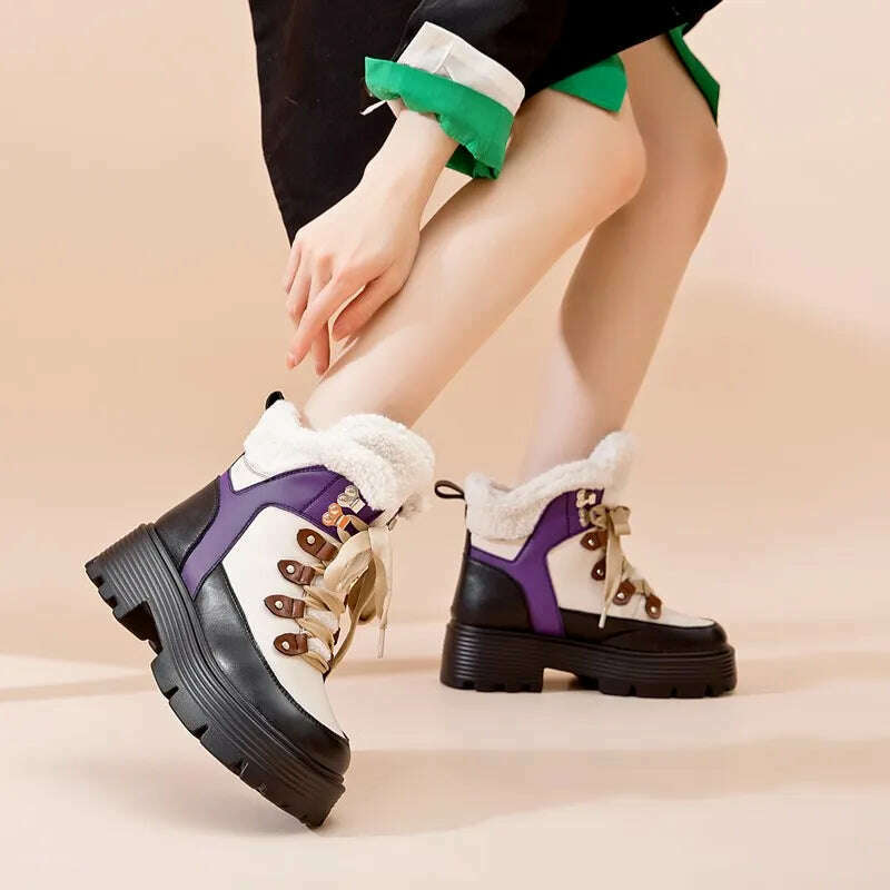 AIYUQI Women Snow Boots Genuine Leather 2023 New Platform Winter Women Ankle Boots Large Size Warm Lace-up Women Marton Booties - KIMLUD
