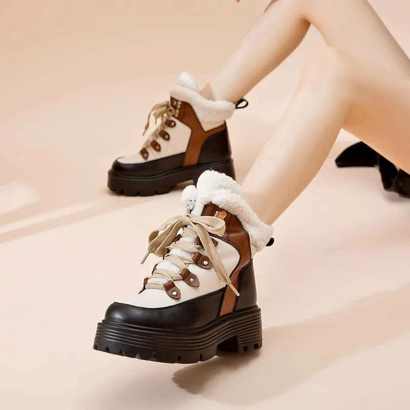 AIYUQI Women Snow Boots Genuine Leather 2023 New Platform Winter Women Ankle Boots Large Size Warm Lace-up Women Marton Booties - KIMLUD
