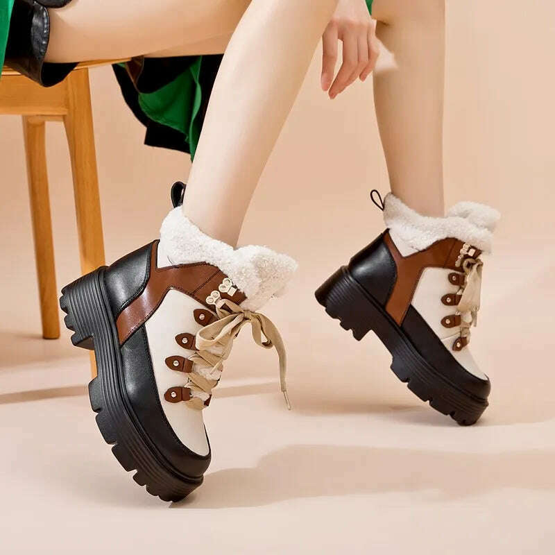 AIYUQI Women Snow Boots Genuine Leather 2023 New Platform Winter Women Ankle Boots Large Size Warm Lace-up Women Marton Booties - KIMLUD