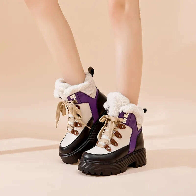 AIYUQI Women Snow Boots Genuine Leather 2023 New Platform Winter Women Ankle Boots Large Size Warm Lace-up Women Marton Booties - KIMLUD