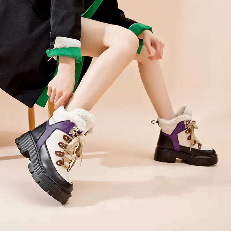 AIYUQI Women Snow Boots Genuine Leather 2023 New Platform Winter Women Ankle Boots Large Size Warm Lace-up Women Marton Booties - KIMLUD