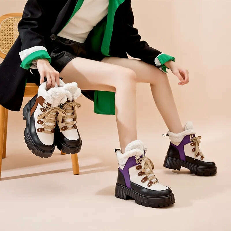 AIYUQI Women Snow Boots Genuine Leather 2023 New Platform Winter Women Ankle Boots Large Size Warm Lace-up Women Marton Booties - KIMLUD