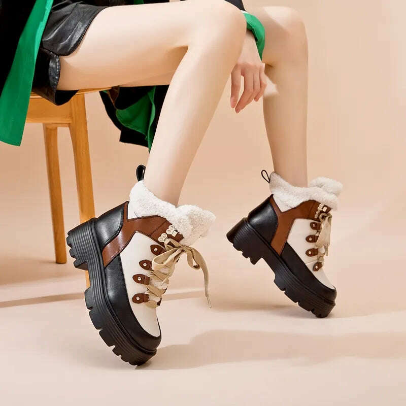 AIYUQI Women Snow Boots Genuine Leather 2023 New Platform Winter Women Ankle Boots Large Size Warm Lace-up Women Marton Booties - KIMLUD