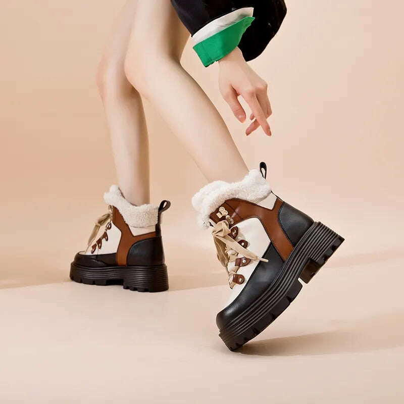 AIYUQI Women Snow Boots Genuine Leather 2023 New Platform Winter Women Ankle Boots Large Size Warm Lace-up Women Marton Booties - KIMLUD