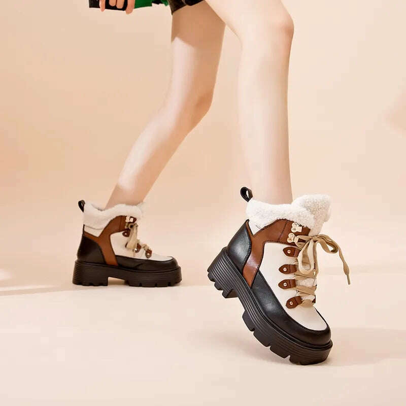 AIYUQI Women Snow Boots Genuine Leather 2023 New Platform Winter Women Ankle Boots Large Size Warm Lace-up Women Marton Booties - KIMLUD