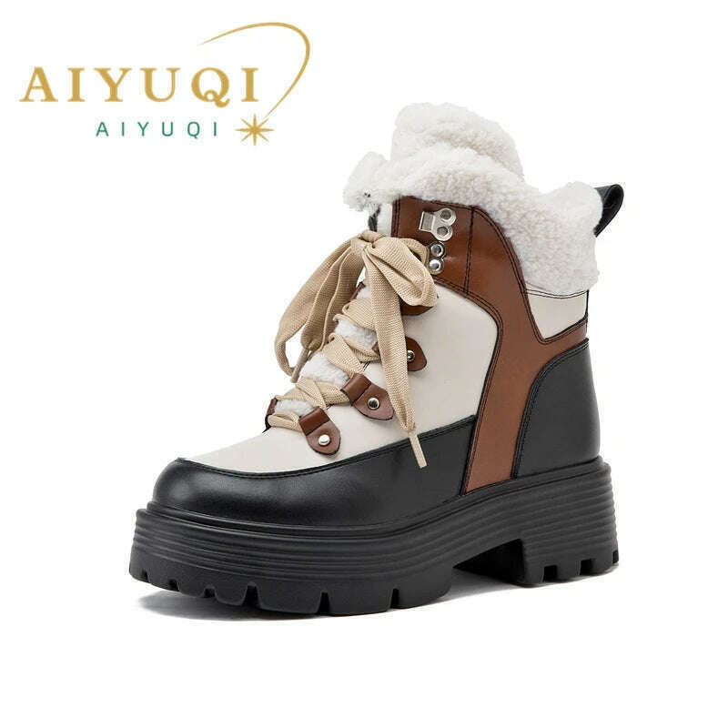 AIYUQI Women Snow Boots Genuine Leather 2023 New Platform Winter Women Ankle Boots Large Size Warm Lace-up Women Marton Booties - KIMLUD