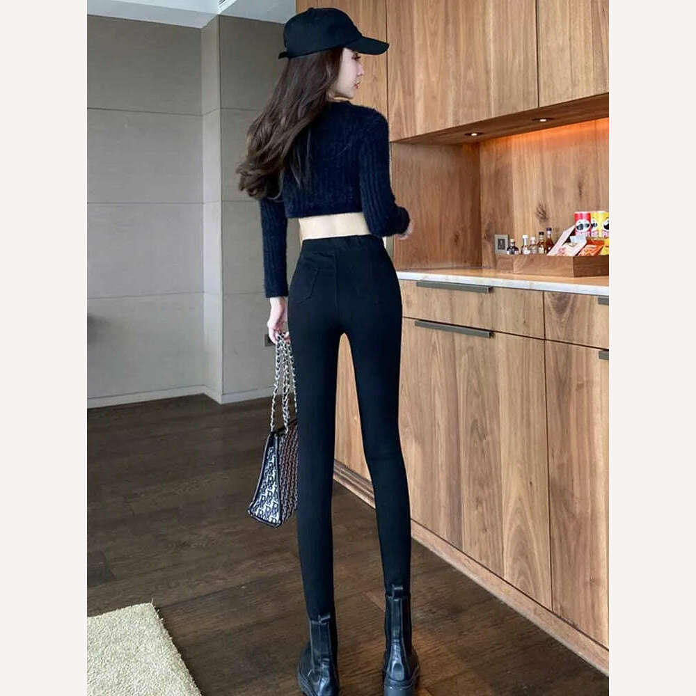 All-match casual pants 2022 autumn winter plus velvet high waist slim stretch foot pants fashionable women's clothing - KIMLUD