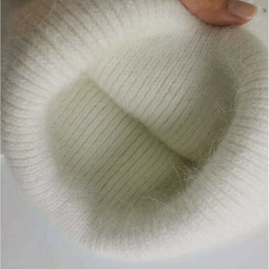 Angola Beanie Hat Winter Women's 2022 Rabbit Fur Bonnet Knitted Coarse Cap Thick Soft Ski Cap Lady Skullies Beanies Rib Hats - KIMLUD