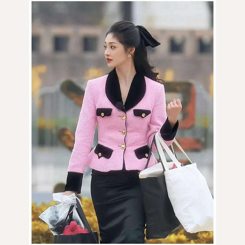 Aoi Vintage High-end Woolen Suit Women Autumn New Velvet Stitching Tweed Coat Slim Top+Short Skirt French Socialite 2-piece Set - KIMLUD